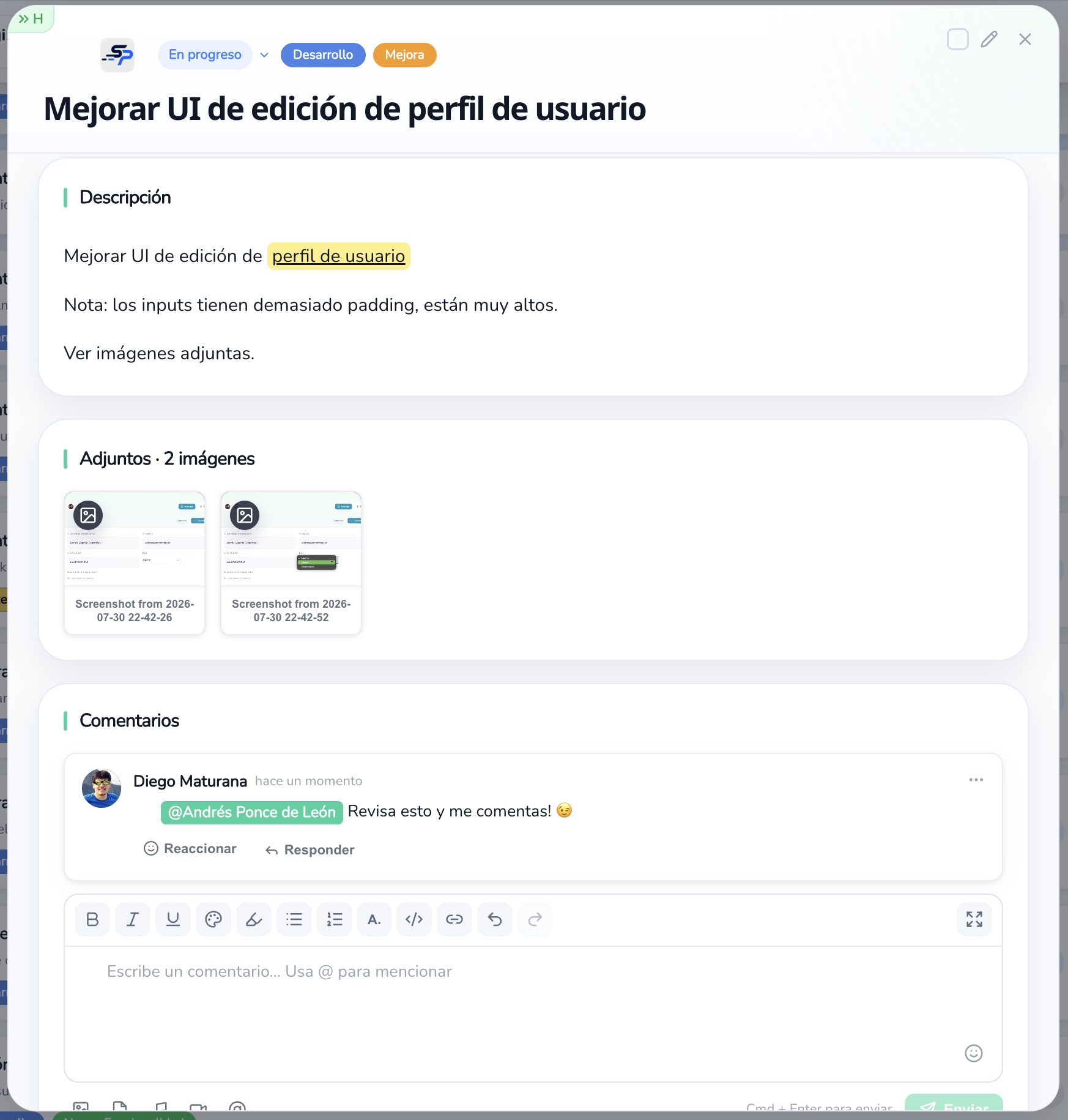 Tarea abierta en ClientWorkspace: estado En progreso, etiquetas de área y tipo, descripción, dos imágenes adjuntas y un comentario con una mención a otra persona y los botones Reaccionar y Responder